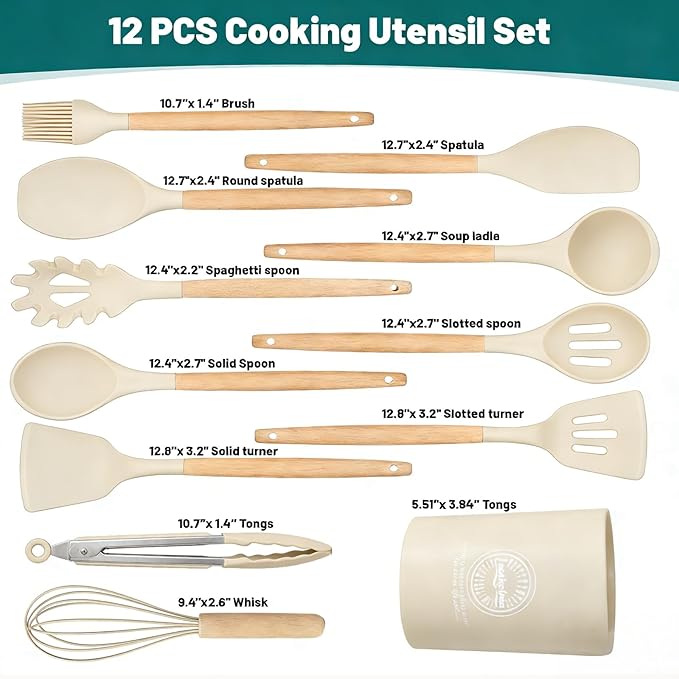 Silicone Cooking Utensil Set, Nonstick Kitchen Utensils 446°F Heat-Resistant - Image 2