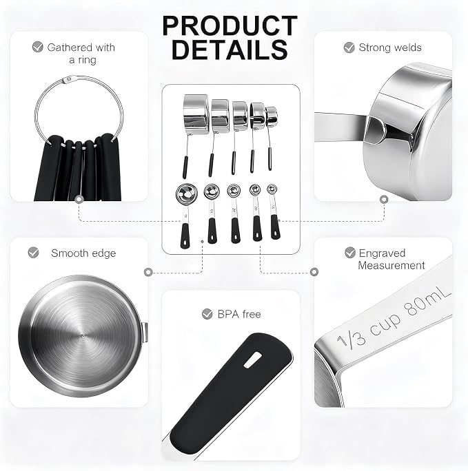 Bopei Measuring Cups and Spoons Set Stainless Steel 10 Piece - Image 6
