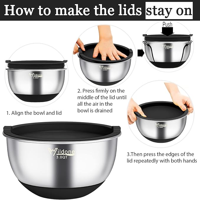 Wildone Mixing Bowls with Airtight Lids, with 3 Grater Attachments, Scale Marks - Image 7