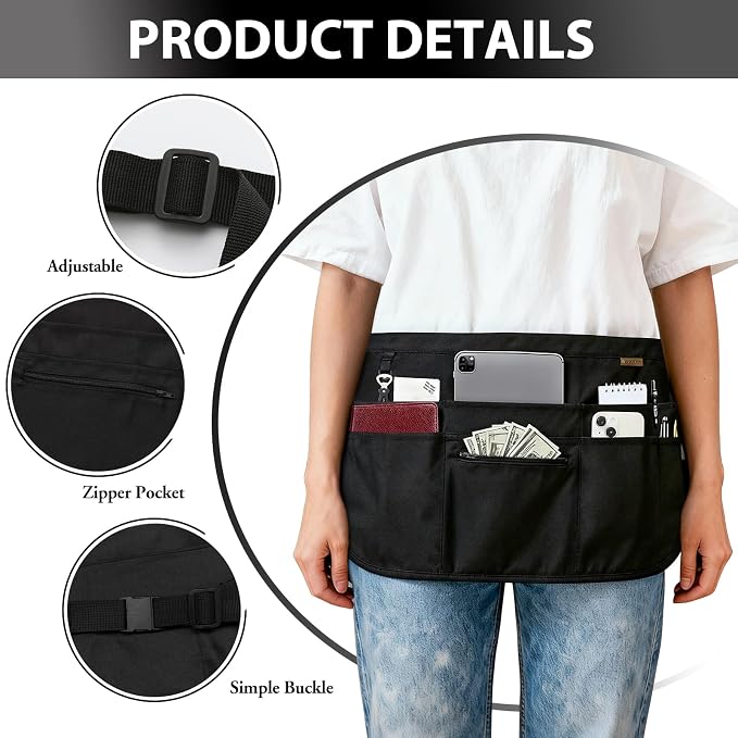 BOHARERS Black Waitress Apron 7 Pockets Server Apron - Image 3
