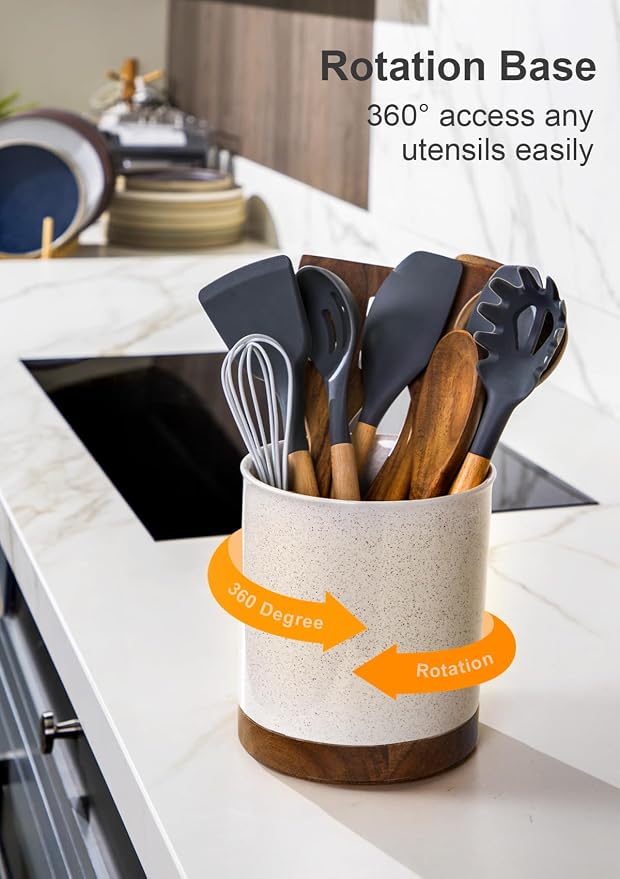 Nucookery 360°Rotating Utensil Holder, 7.2" Large Utensil Crock, Farmhouse - Image 3