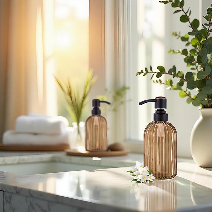 16 OZ Amber Glass Soap Dispenser, Amber Stripe Bathroom Hand Soap Dispensers - Image 5