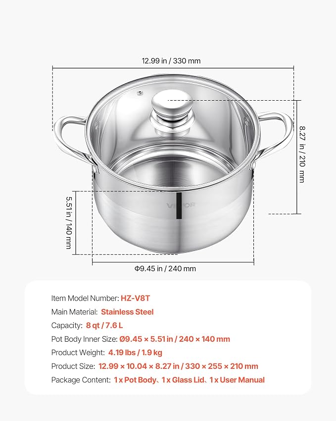 VEVOR Stainless Steel Stock Pot, 8QT Stainless Steel Stockpot - Image 7
