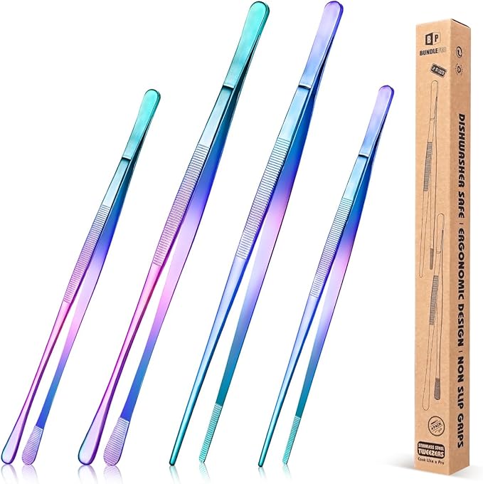 4 Pcs Fine Long Tweezer Tongs Professional Rainbow, Sea food and BBQ by BUNDLEPRO