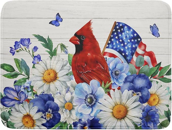 4th of July Dish Drying Mat for Kitchen Counter Cardinal Patriotic Flowers by Unknown