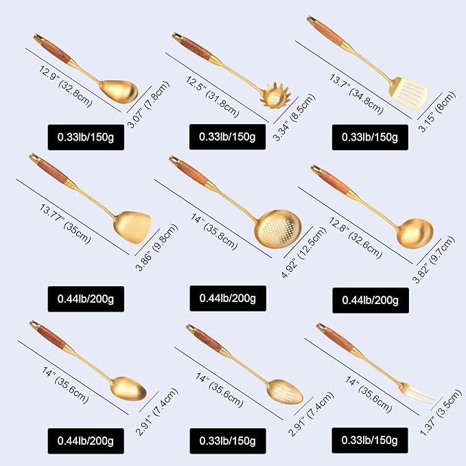 Gold Kitchen Utensils Set, Solid and Slotted Spoon, Slotted Tunner, Spaghetti - Image 6