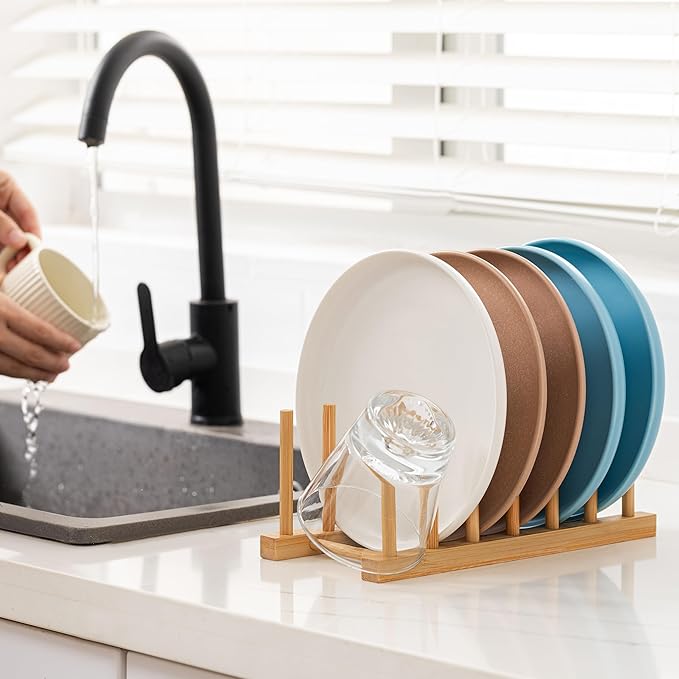 HBlife 4pcs Bamboo Dish Plate Bowl Cup Book Pot Lid Cutting Board Drying Rack - Image 4