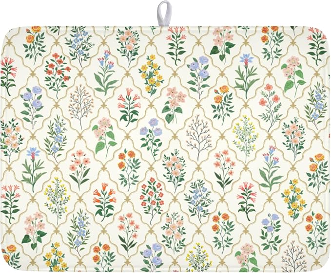 Floral Dish Drying Mat for Kitchen Counter Spring Summer Wild Flowers Diamond by Unknown