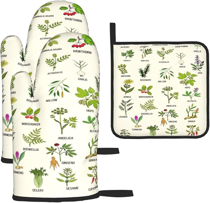 Cute Herbs Botanic Garden Plants Oven Mitts and Pot Holders Sets Heat Resistant by Unknown