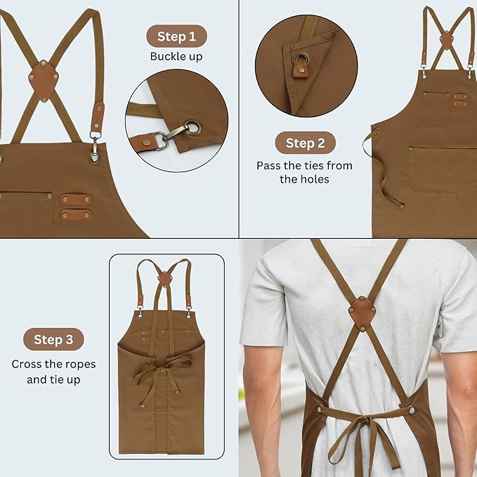 RUVANTI Work Aprons for Men, Oil & Water Repellent, PolyCotton Cross Back - Image 4