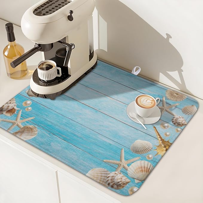 Summer Coastal Dish Drying Mat for Kitchen Counter Seashell Starfish Blue - Image 7