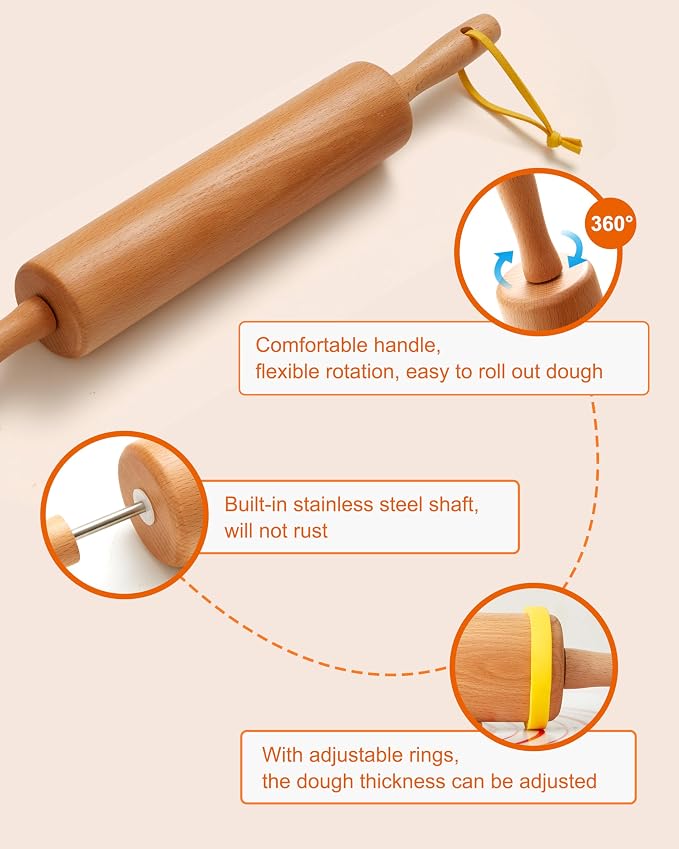 Classic Wood Rolling Pin, Pasta Roller - Image 3