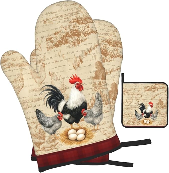 Rooster Chichen Oven Mitts and Pot Holders Sets, Cute Hot Pads Baking Gloves - Image 2