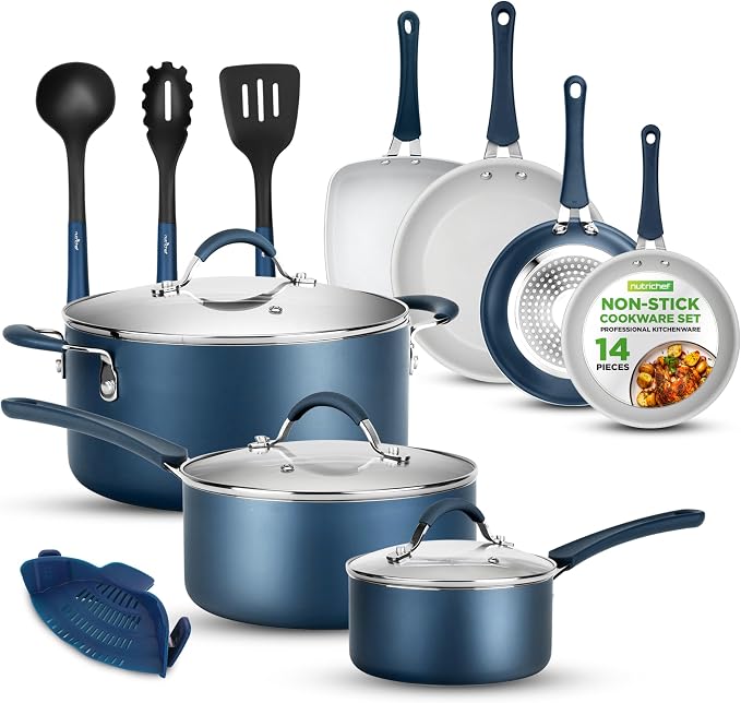 NutriChef 14-Piece Navy Blue Nonstick Cookware Set by NutriChef%E2%84%A2Kitchen