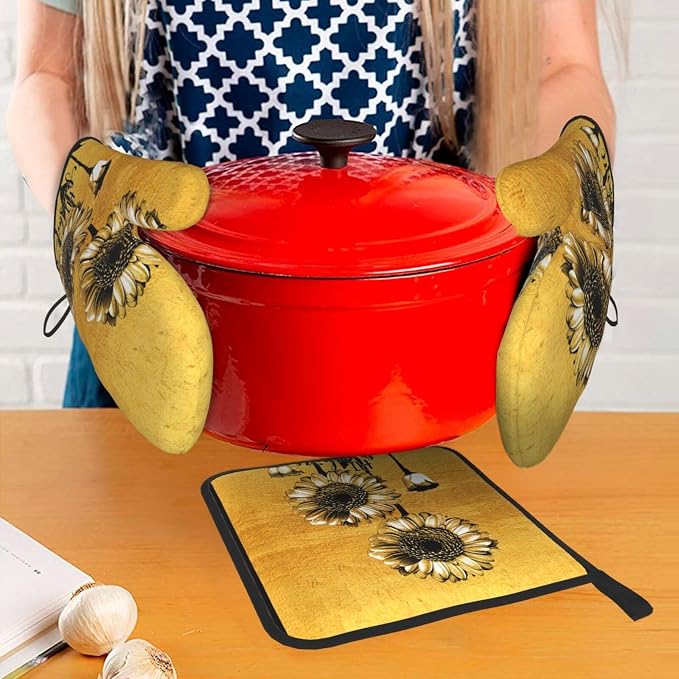 Sunflower Oven Mitts and Pot Holders Sets, Heat Resistant Gold Kitchen Oven - Image 7
