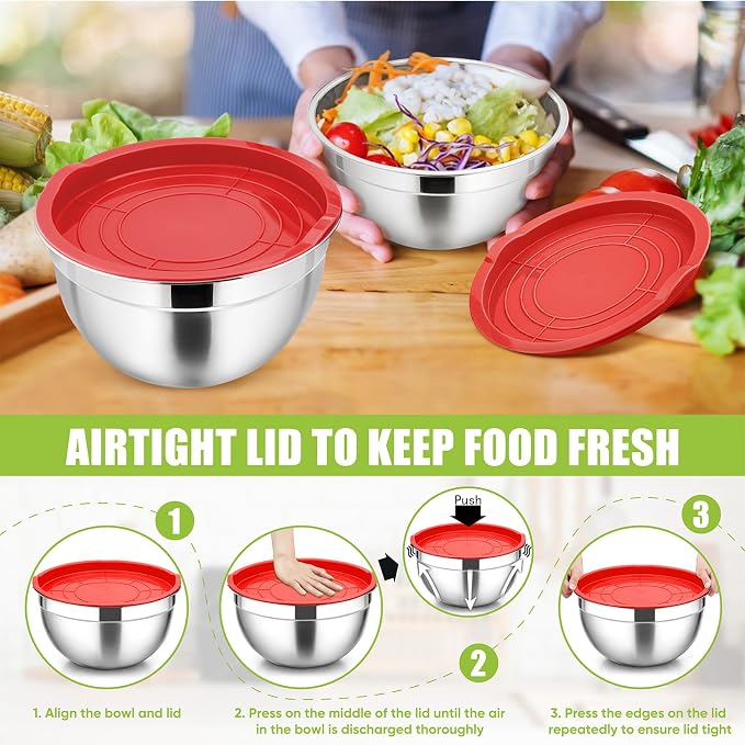 P&P CHEF Mixing Bowls with Airtight Lids Set of 5, 10-Piece Stainless Steel - Image 7