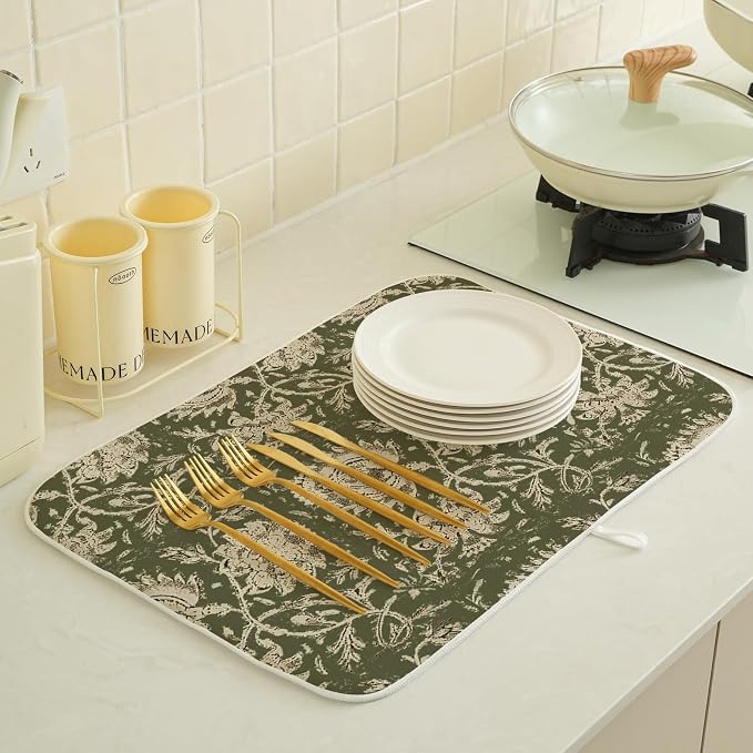 Green Dish Drying Mat 18 x 24 Inch Vintage Olive Green Floral Drying Mat - Image 2