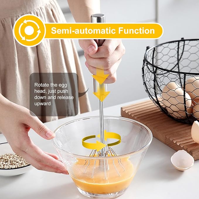 Egg Beater, Hand Easy Whisk Stainless Steel Hand Push Egg Beater Manual Mixer - Image 3