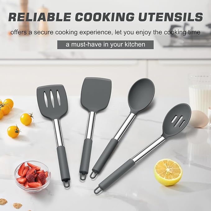 TeamFar Kitchen Utensils, for Non-stick Cookware Flipping, Draining – Gray - Image 7