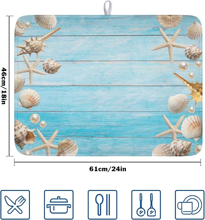 Summer Coastal Dish Drying Mat for Kitchen Counter Seashell Starfish Blue - Image 2