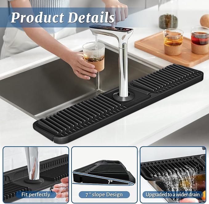 PoYang 24 inch Faucet Mat for Kitchen Sink Splash Guard, 7° Slope Silicone Sink - Image 8