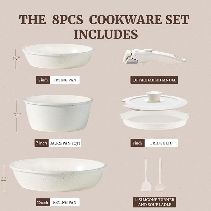 BECIGAR 8pcs Ceramic Pots and Pans Set, Non Stick Cookware Set, Detachable - Image 2