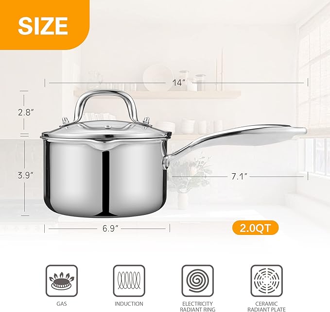 Stainless Steel Saucepan with Glass Lid, 2.0 Quart Multipurpose Sauce Pan - Image 4