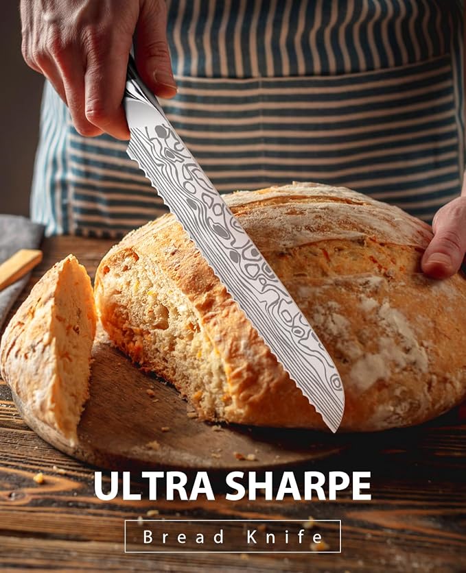 MOSFiATA Bread Knife 8” Ultra Sharp Serrated Knife, German High Carbon - Image 2