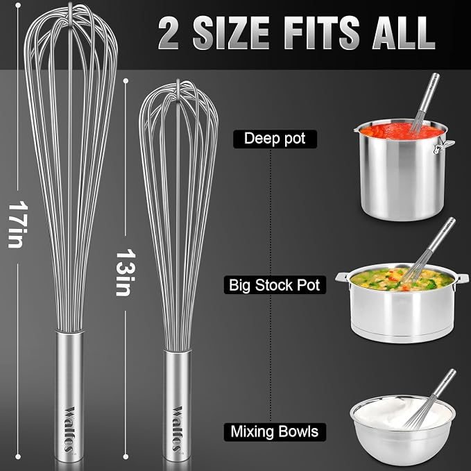 Walfos Whisks Large Whisk Set of 2, Heavy Duty Stainless Steel Wire Whisk Ideal - Image 5
