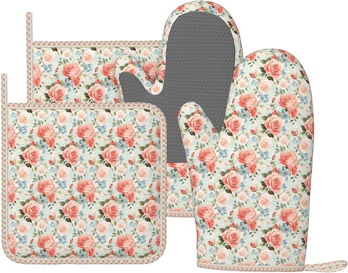 Oven Mitts and Pot Holders Rose Flower Vintage Botanical Silicone Kitchen by DADABULIU