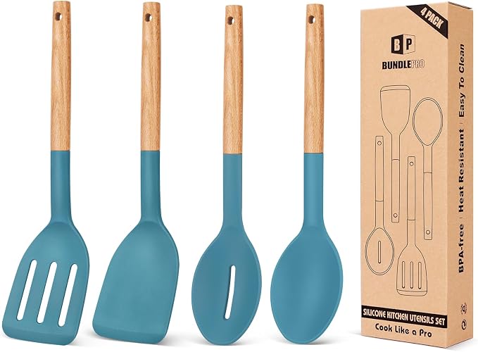 Pack of 4 Silicone Cooking Utensils Set, Non Stick Solid Spatulas and Heat by BUNDLEPRO