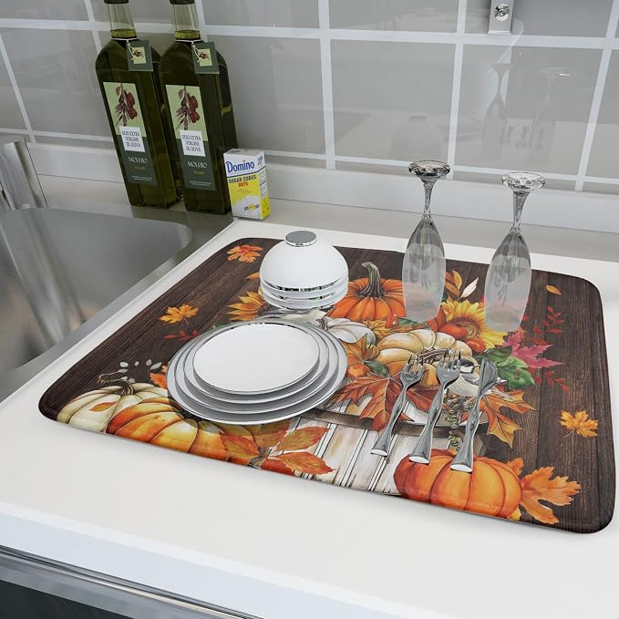 Fall Pumpkin Dish Drying Mat for Kitchen Counter Decor 18x24 Inch Halloween - Image 6