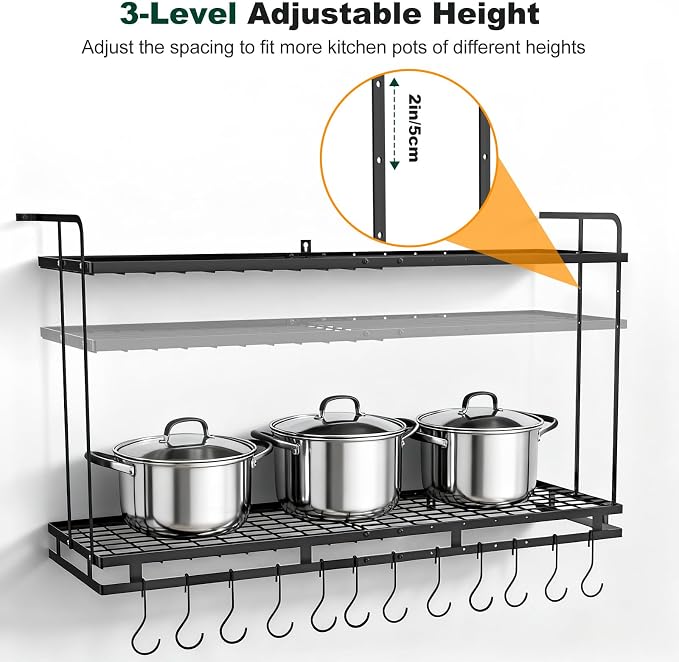 Housolution Pot Rack Wall Mounted, 3 Level Height Adjustable, 2 Tier Heavy Duty - Image 4