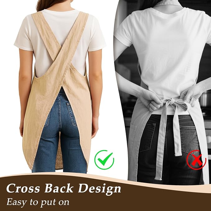 Apron for Women with Pocket Cotton Linen, Japanese Cross Back Apron for - Image 4