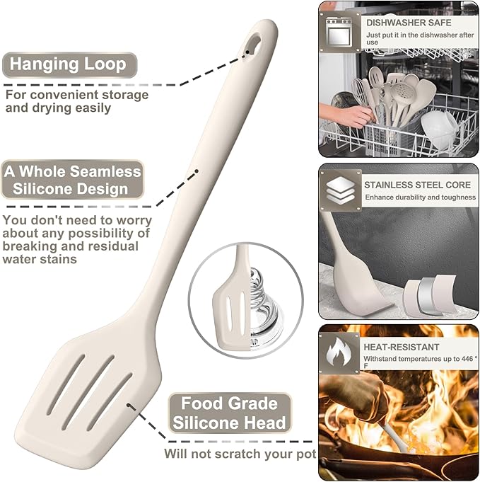 Silicone Kitchen cooking Utensils Set, AIKKIL 43 Pcs Heat Resistant Khaki - Image 3