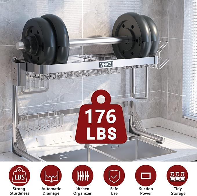 VNKZI Over Sink Dish Drying Rack, 2 Tier Full Stainless Steel Storage - Image 4
