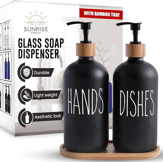 Sunrise Premium 16 OZ Thick Black Glass Soap Dispenser, Bamboo Pump by SunrisePremium