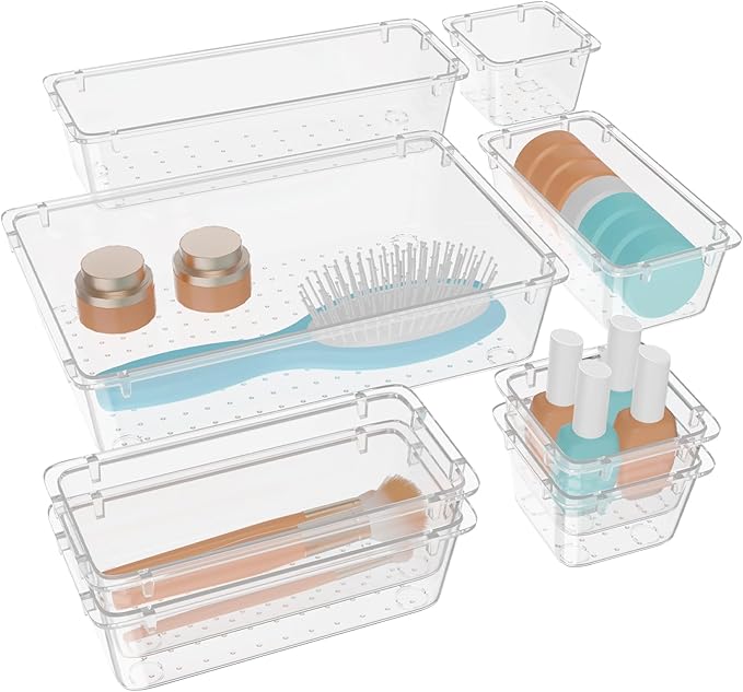 WOWBOX 8 PCS Clear Plastic Drawer Organizer Set, 4 Sizes Desk Drawer by WOWBOX