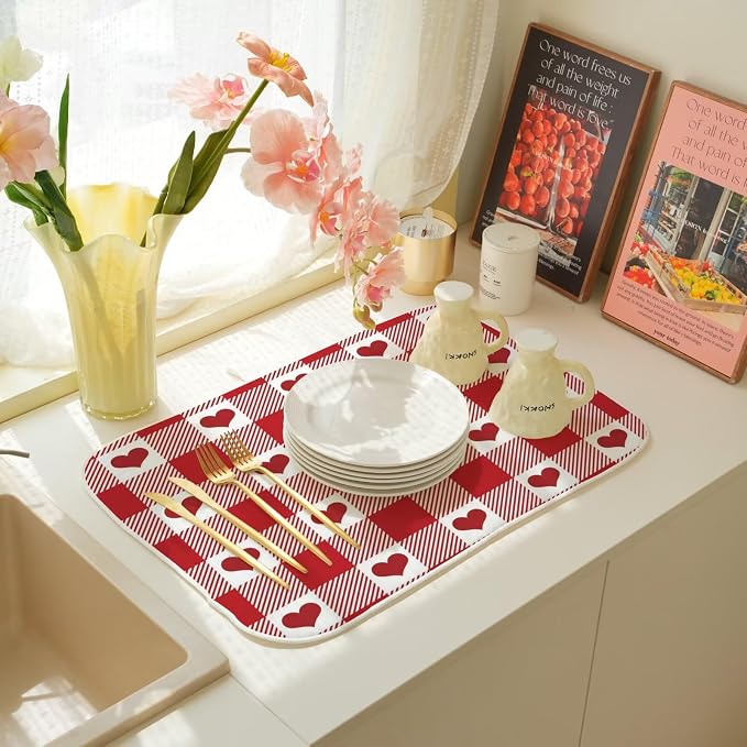 Happy Valentines Day Dish Drying Mat 18 x 24 inch Red Checkered Love Hearts - Image 7