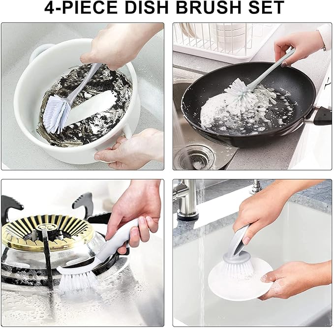 Dish & Bottle Brush Set, 4-Piece Kitchen Cleaning Brushes, Plastic Handles - Image 5