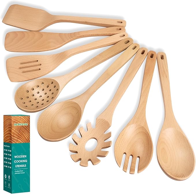 HOWHONG Wooden Spoons for Cooking, Beech Wood Kitchen Utensil Set, Premium by HOWHONG
