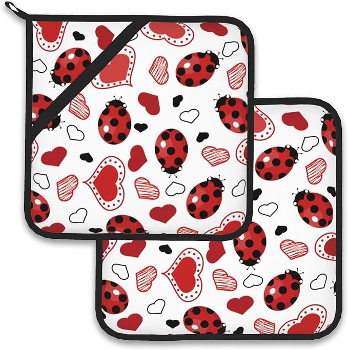 Ladybugs Hearts Pot Holder Set of 2, Heat Resistant Potholders Oven Hot Pads by Larkverk