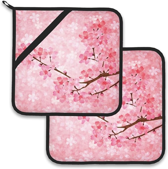 Pink Blooming Cherry Blossoms Pot Holder Set of 2, Heat Resistant Potholders by Larkverk