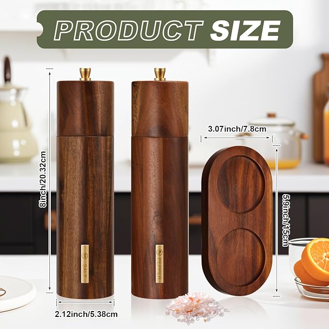 Wooden Salt and Pepper Grinder Set 8 Inch Manual Salt and Pepper Mill - Image 2