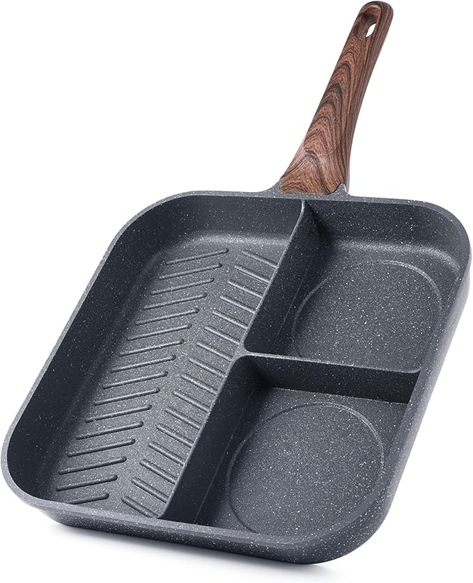 Sensarte Nonstick 11-Inch Square Grill Pan, 3-Section Versatile Breakfast by SENSARTE