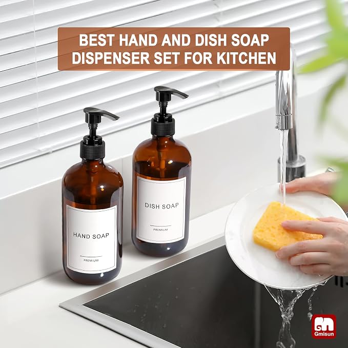 GMISUN Amber Glass Soap Dispenser, 2 Pack Bathroom Hand Soap Dispensers - Image 6