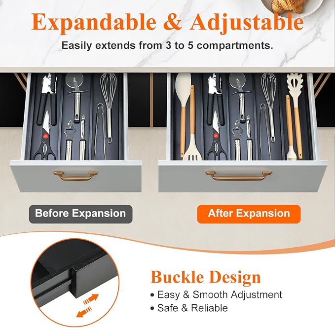 Expandable Large Kitchen Utensil Drawer Organizer Storage Black Bamboo - Image 4