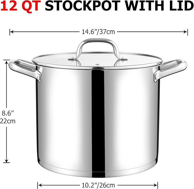 LIANYU 12 QT Stock Pot with Lid, 12 Quart Stainless Steel Large Tall Soup Pot - Image 2