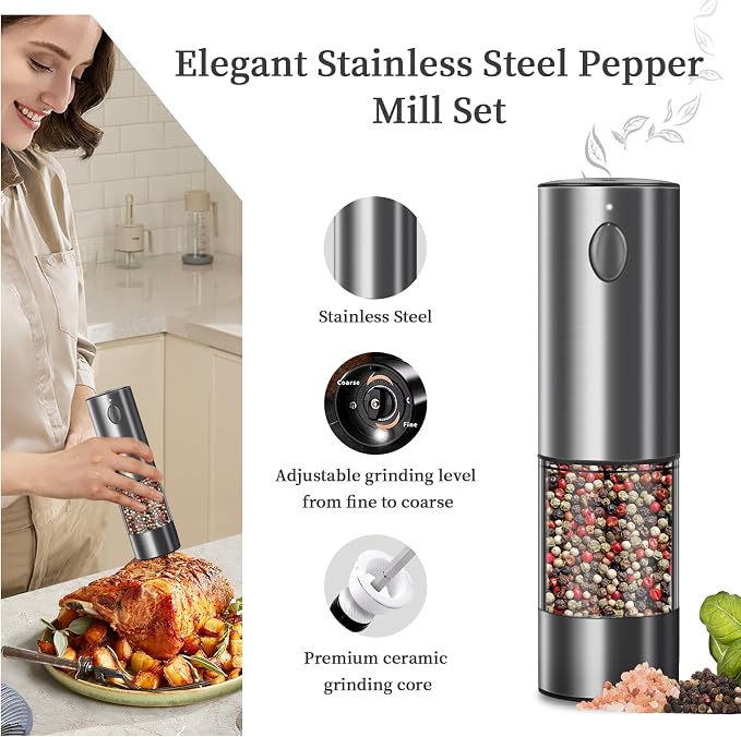 Electric Salt and Pepper Grinder Set, Upgraded Larger Capacity Stainless Steel - Image 2