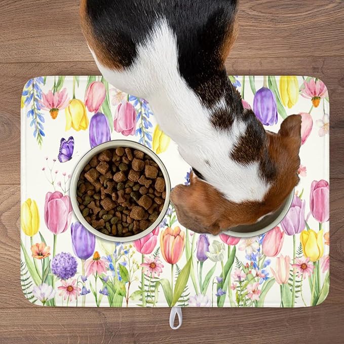 Spring Floral Dish Drying Mat for Kitchen Counter Easter Tulip Lavender Flower - Image 9